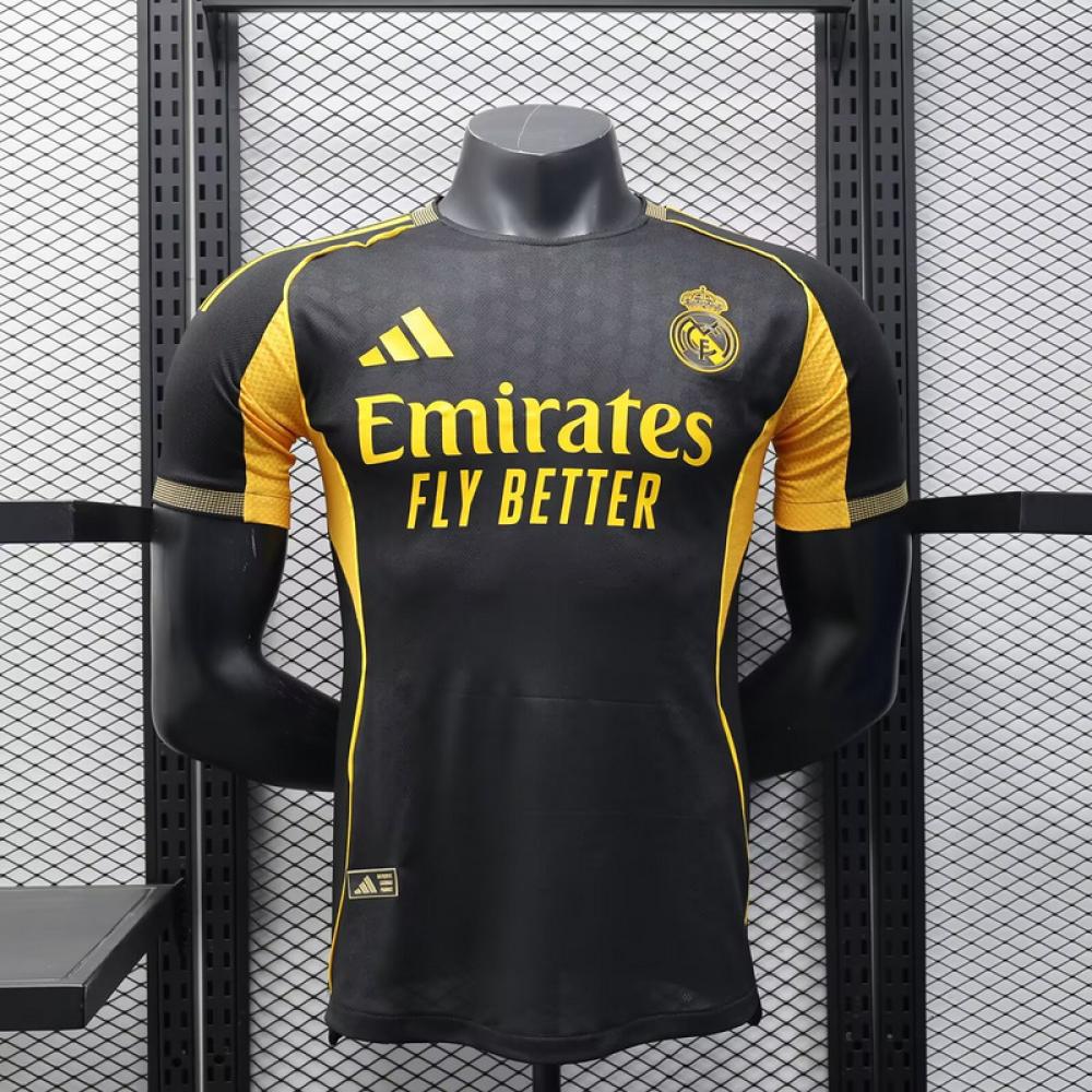 Player Version 25/26 Real Madrid Black with Gold Accents and Emirates Sponsor Jersey